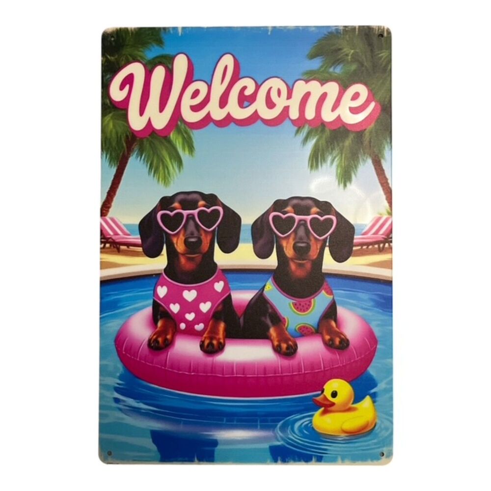 Dachshund Pool Party Welcome Sign – 12" x 8" Metal Wall Decor – Retro